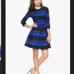 GAP Blue and Black Striped 3/4 Sleeve Fit-and-Flare Dress